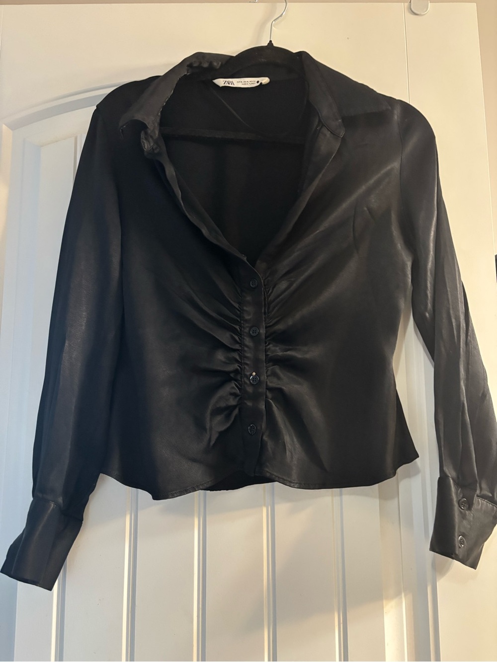 Zara Black Satin Ruched Button-Front Shirt